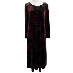 Vintage Whimsygoth Vamp Velvet Long Sleeve Dress 8 Petite Black Roses Dark Artsy
